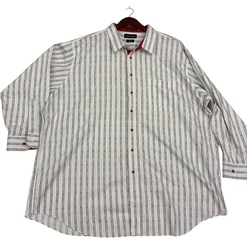 Paul Fredrick Mens 20 35 White Multicolor Stripe Non Iron Cotton Dress Shirt